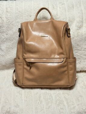 Tan Leather-Effect Backpack with Front Zip Pocket - Unbranded